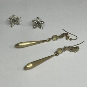 Two pair gold tone earrings star fish stud & long dangle AT LOFT Signed jewelry
